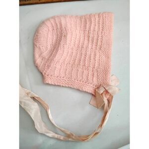 30s 40s Vintage Hand Knit Baby or Doll Bonnet, Pink with Silk Ribbon Ties
